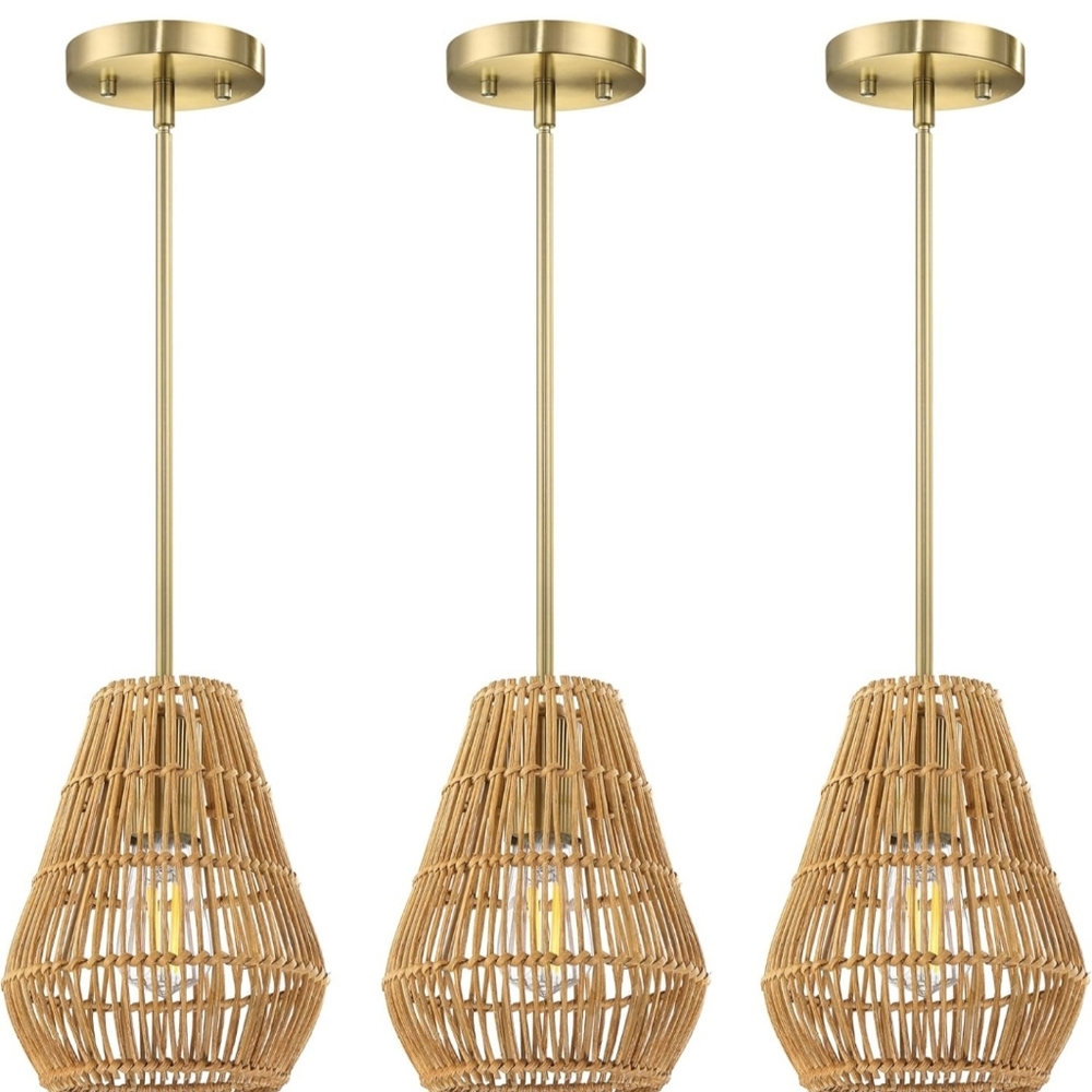 Brushed Bronze and Rattan Light Pendants
